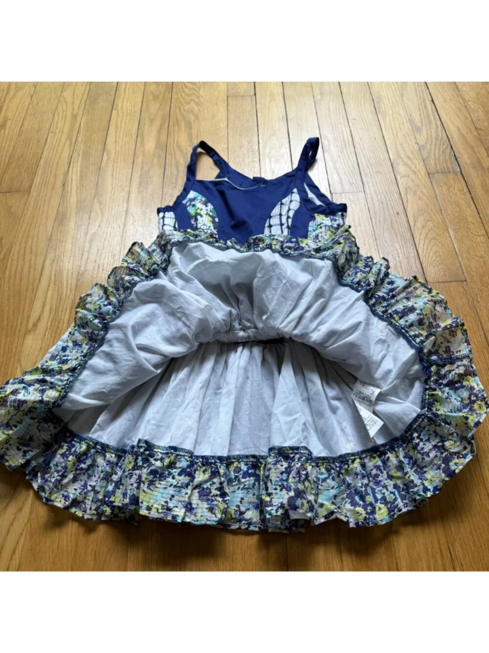 Catimini Girls Size 10 Blue Floral Striped Patchwork Sleeveless Ruffle Dress